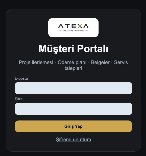 ATEXA Müşteri Portalı giriş ekranı